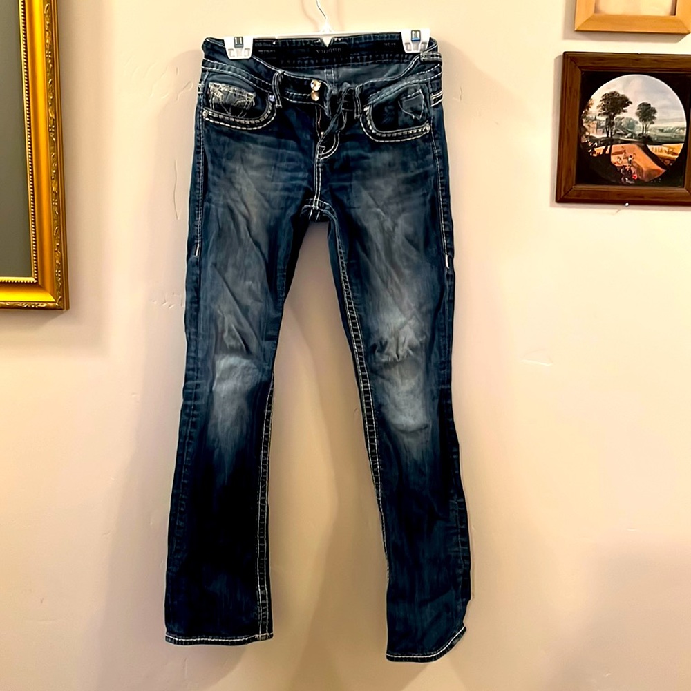 Women’s Jeans, Dark Blue, Size 3/4, Length 33, VIGOSS, Denim, Rhinestones, Bling